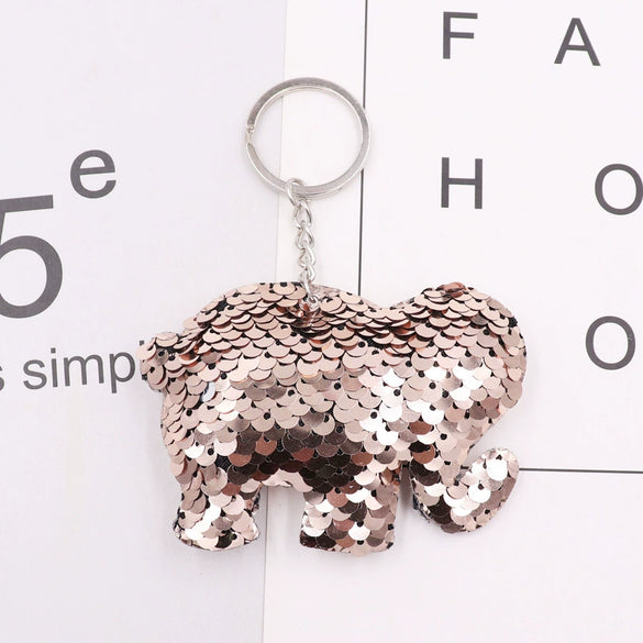 Plastic Reflective Doublesided Sequin Keychain In Modern Art Style With Elephant And Unicorn Shapes