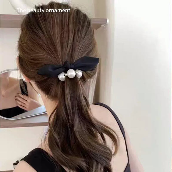 Plastic Resin Hair Ring With Rabbit Ears Bow Pearl For Women Handmade High Elastic Headband