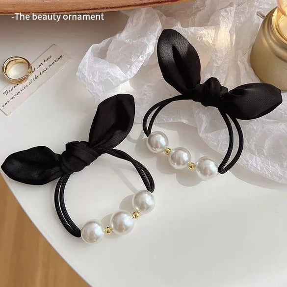 Plastic Resin Hair Ring With Rabbit Ears Bow Pearl For Women Handmade High Elastic Headband