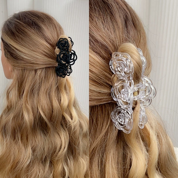 Plastic Resin Handmade Natural Plant Flower Camellia Hollow Frosted Hair Grab Clip For Women