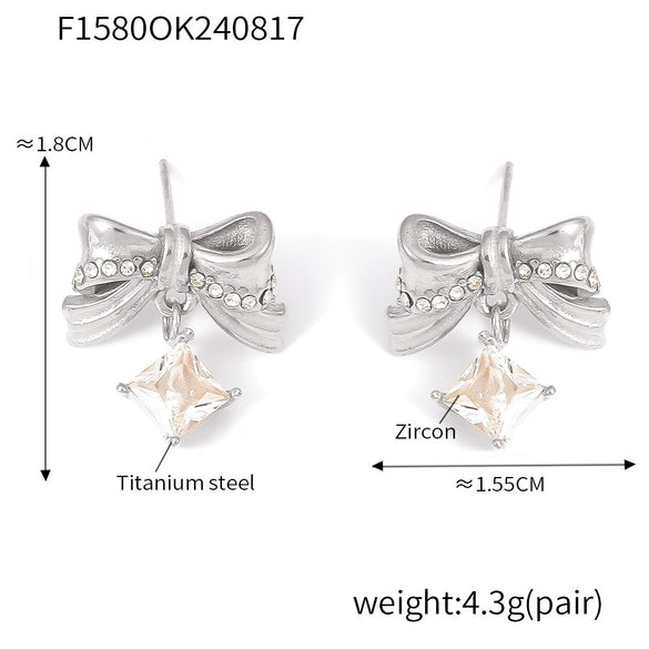 Pleated Bow Square Zircon 316L Stainless Steel 18K Gold Plated Niche Sweet Geometric Earrings For Women