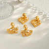Pleated Heart Shaped Ginkgo Stainless Steel Earrings With Rhinestone And Faux Pearl Accents For Women