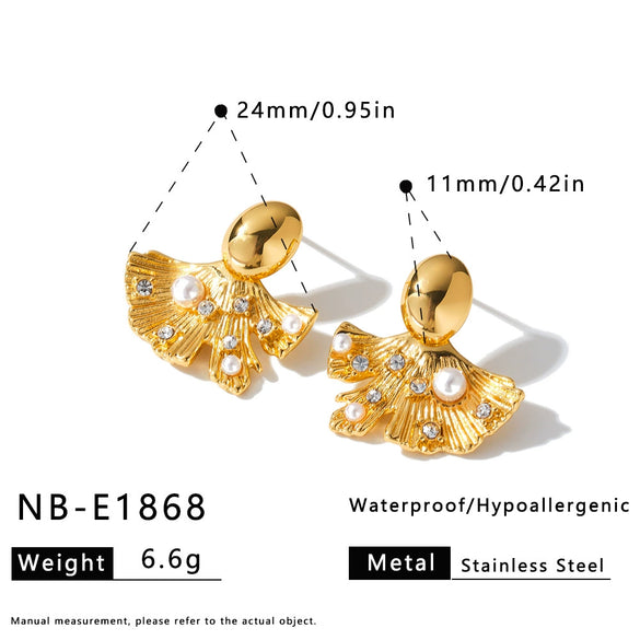 Pleated Heart Shaped Ginkgo Stainless Steel Earrings With Rhinestone And Faux Pearl Accents For Women