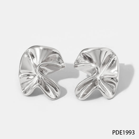 Pleated Stainless Steel Earrings With Hand Held Flower Design Irregular Twisted Shape Geometric Pattern And Electroplating