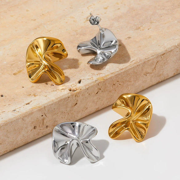 Pleated Stainless Steel Earrings With Hand Held Flower Design Irregular Twisted Shape Geometric Pattern And Electroplating