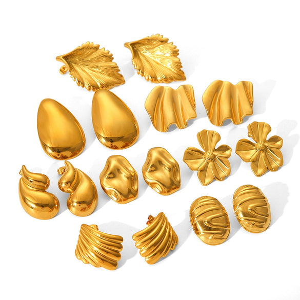 Pleated Texture Geometric Stainless Steel Earrings For Women With Electroplating Treatment And Flower Leaf Wave Drop Shapes