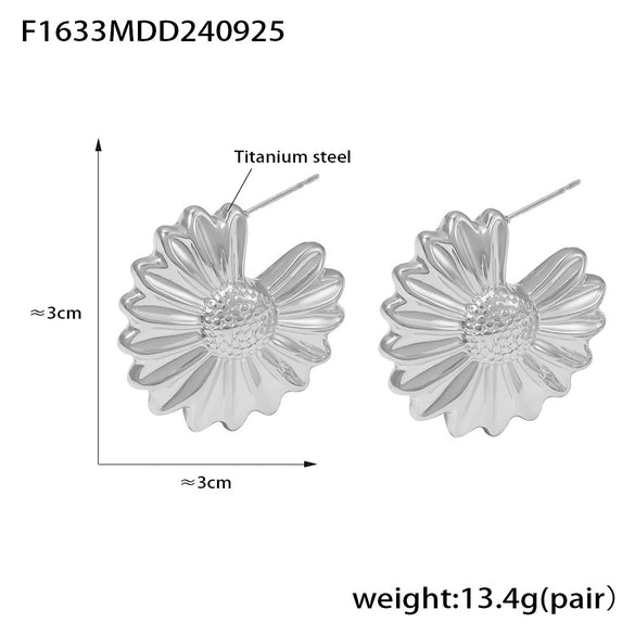 Pleated Wave Chrysanthemum Hollow Asymmetrical Women's Earrings Titanium Steel 18K Gold Plated Geometric Style Electroplated