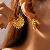 Pleated Wave Chrysanthemum Hollow Asymmetrical Women's Earrings Titanium Steel 18K Gold Plated Geometric Style Electroplated