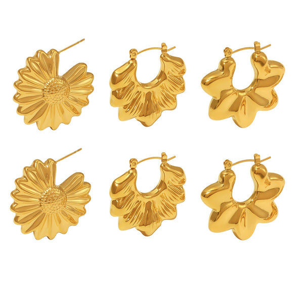 Pleated Wave Chrysanthemum Hollow Asymmetrical Women's Earrings Titanium Steel 18K Gold Plated Geometric Style Electroplated