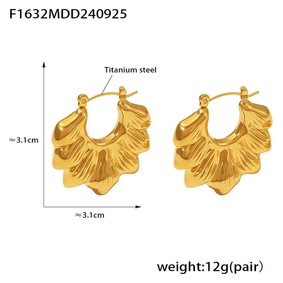 Pleated Wave Chrysanthemum Hollow Asymmetrical Women's Earrings Titanium Steel 18K Gold Plated Geometric Style Electroplated