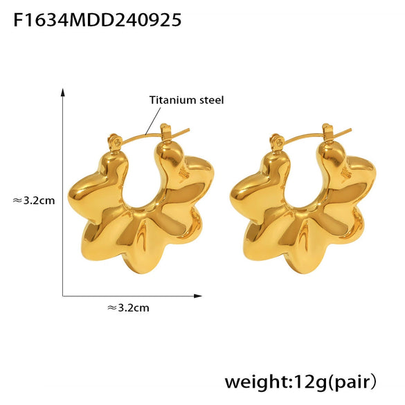 Pleated Wave Chrysanthemum Hollow Asymmetrical Women's Earrings Titanium Steel 18K Gold Plated Geometric Style Electroplated
