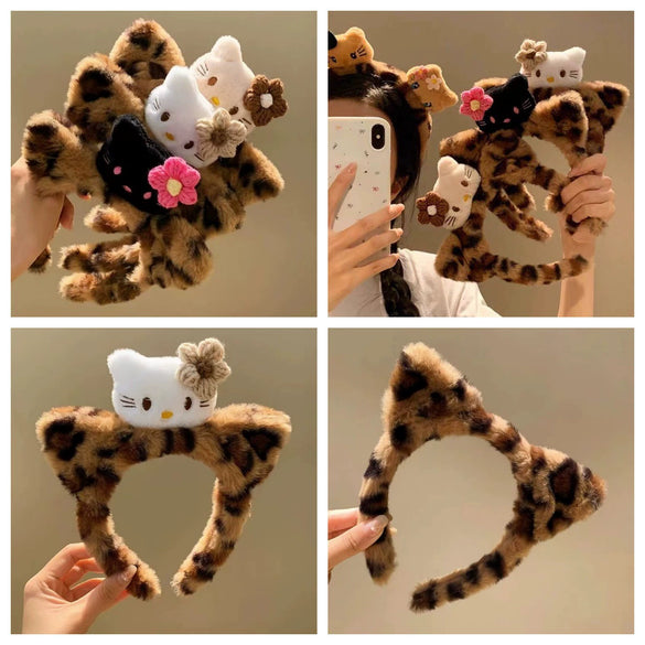 Plush Headband Cute Cartoon Leopard Print Cat Ears Handmade Hair Accessories Unisex