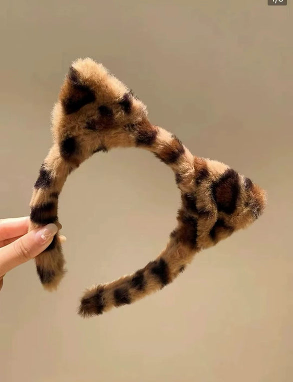 Plush Headband Cute Cartoon Leopard Print Cat Ears Handmade Hair Accessories Unisex
