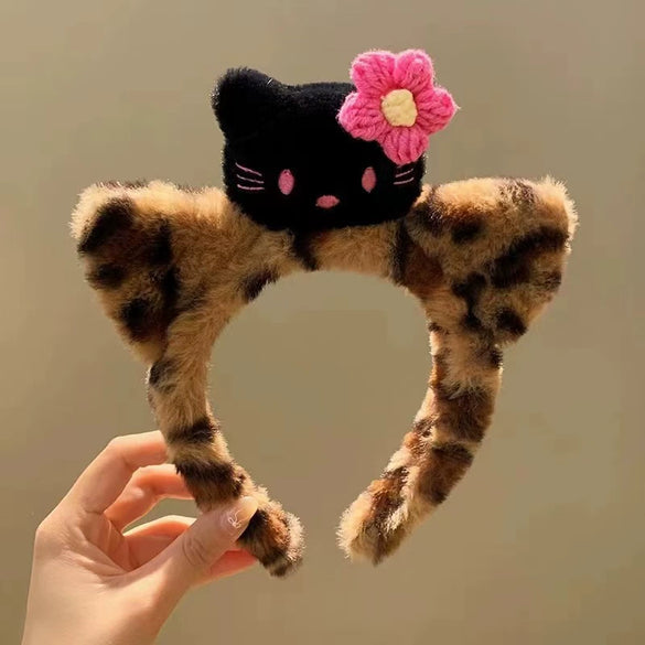 Plush Headband Cute Cartoon Leopard Print Cat Ears Handmade Hair Accessories Unisex