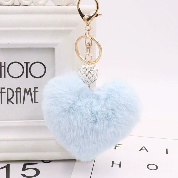 Plush Heart Shaped Keychain Pendant With Diamond Ball And Imitation Rex Rabbit Fur