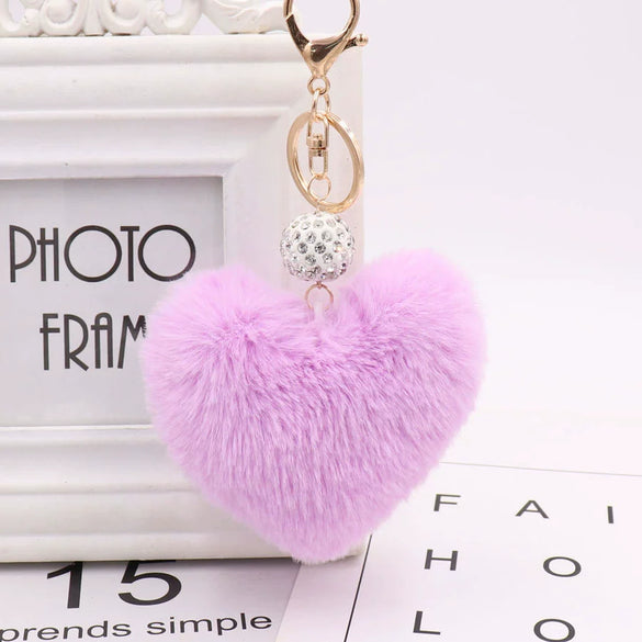 Plush Heart Shaped Keychain Pendant With Diamond Ball And Imitation Rex Rabbit Fur