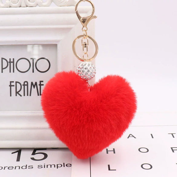 Plush Heart Shaped Keychain Pendant With Diamond Ball And Imitation Rex Rabbit Fur