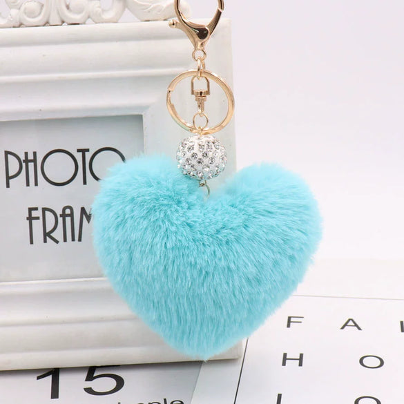 Plush Heart Shaped Keychain Pendant With Diamond Ball And Imitation Rex Rabbit Fur