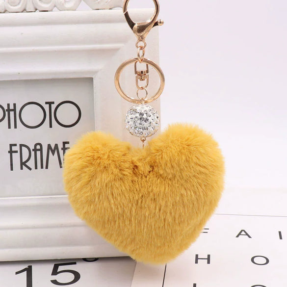 Plush Heart Shaped Keychain Pendant With Diamond Ball And Imitation Rex Rabbit Fur