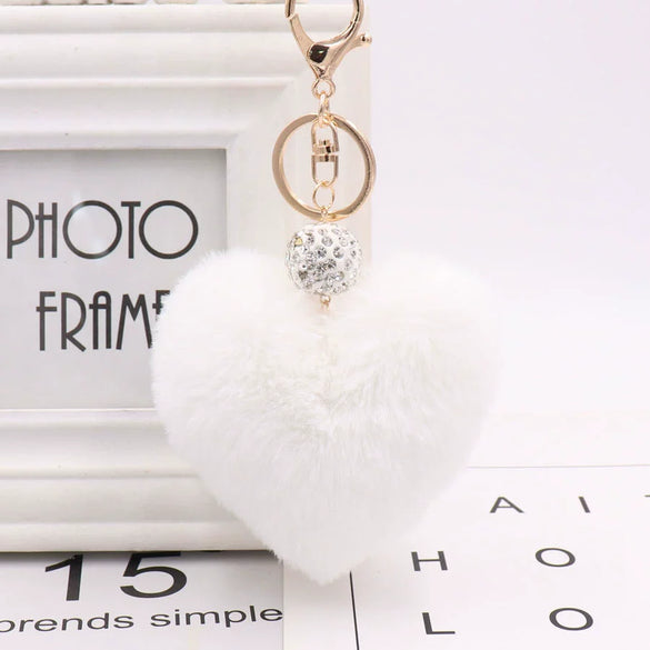 Plush Heart Shaped Keychain Pendant With Diamond Ball And Imitation Rex Rabbit Fur