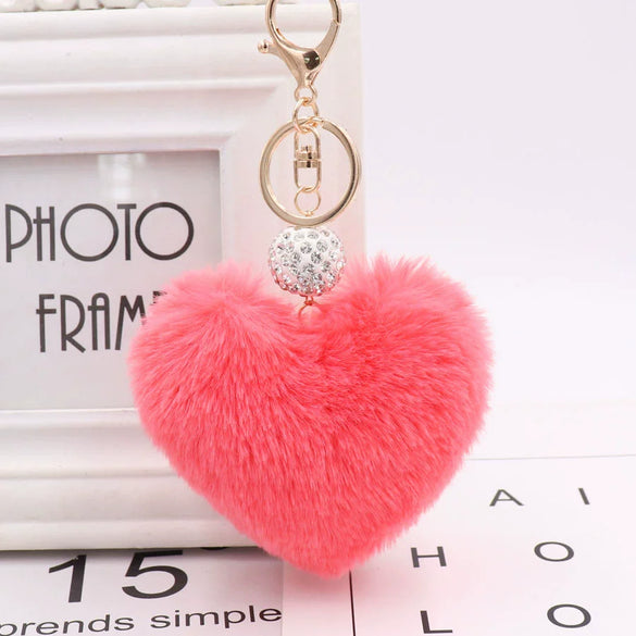 Plush Heart Shaped Keychain Pendant With Diamond Ball And Imitation Rex Rabbit Fur