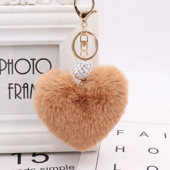 Plush Heart Shaped Keychain Pendant With Diamond Ball And Imitation Rex Rabbit Fur