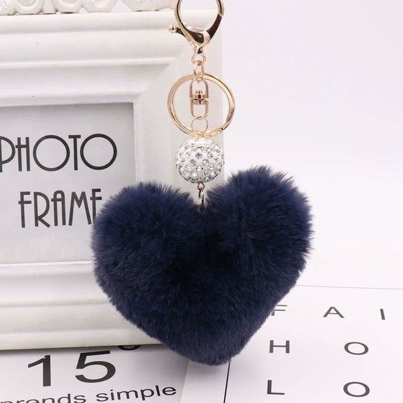 Plush Heart Shaped Keychain Pendant With Diamond Ball And Imitation Rex Rabbit Fur