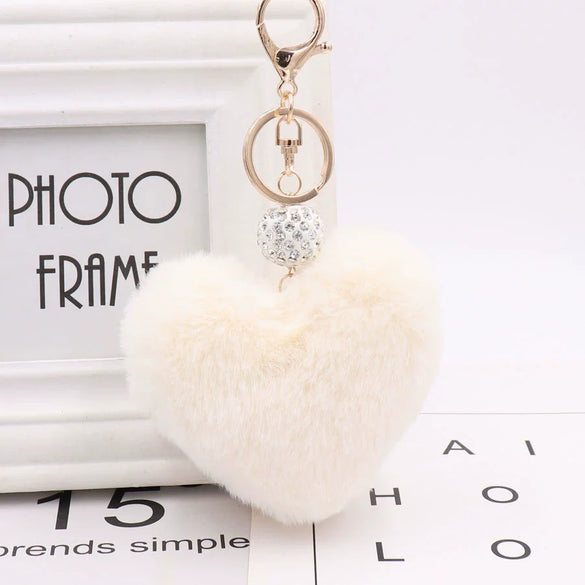 Plush Heart Shaped Keychain Pendant With Diamond Ball And Imitation Rex Rabbit Fur