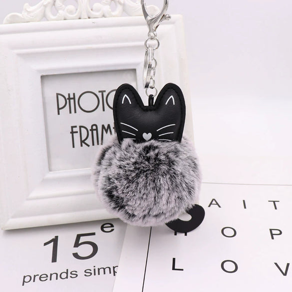 Plush Kitten Key Chain With Imitation Rex Rabbit Fur Ball Pendant