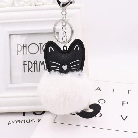 Plush Kitten Key Chain With Imitation Rex Rabbit Fur Ball Pendant
