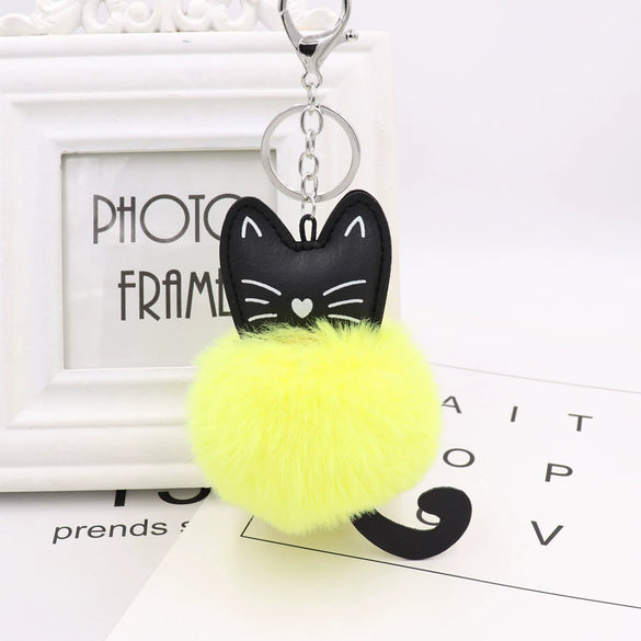 Plush Kitten Key Chain With Imitation Rex Rabbit Fur Ball Pendant