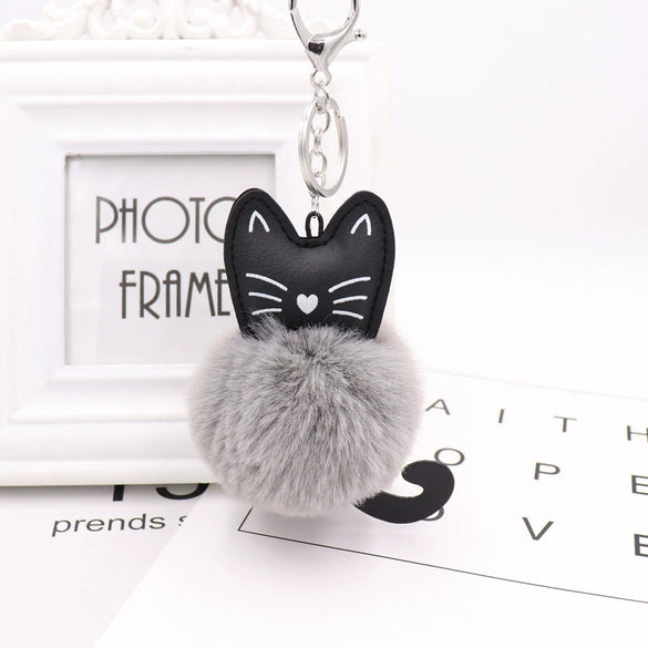 Plush Kitten Key Chain With Imitation Rex Rabbit Fur Ball Pendant