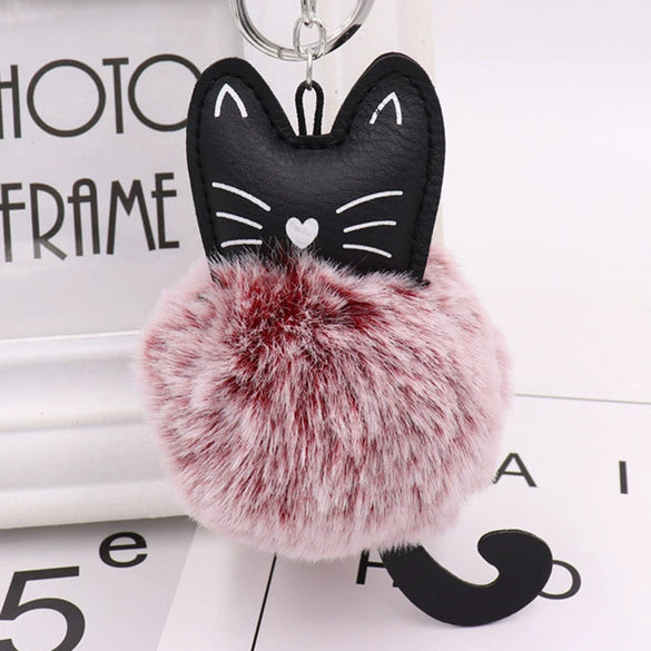 Plush Kitten Key Chain With Imitation Rex Rabbit Fur Ball Pendant