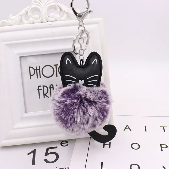 Plush Kitten Key Chain With Imitation Rex Rabbit Fur Ball Pendant