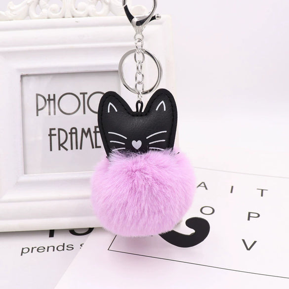 Plush Kitten Key Chain With Imitation Rex Rabbit Fur Ball Pendant