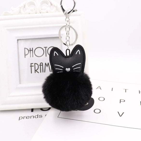Plush Kitten Key Chain With Imitation Rex Rabbit Fur Ball Pendant
