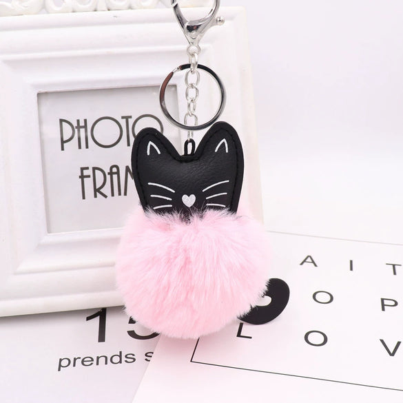 Plush Kitten Key Chain With Imitation Rex Rabbit Fur Ball Pendant