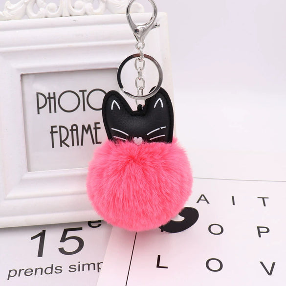 Plush Kitten Key Chain With Imitation Rex Rabbit Fur Ball Pendant
