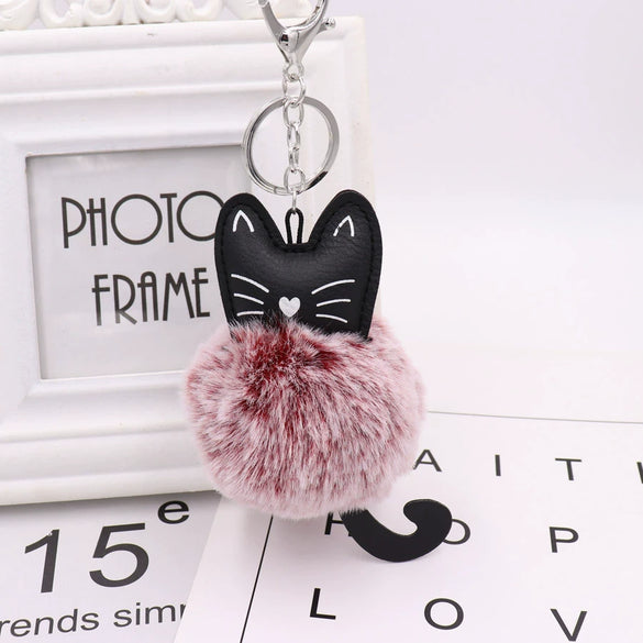 Plush Kitten Key Chain With Imitation Rex Rabbit Fur Ball Pendant