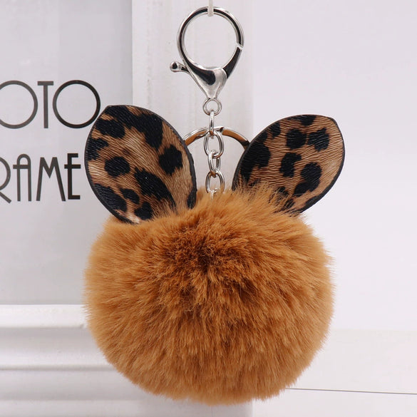Plush Leopard Print Ears Fur Ball Keychain For Women's Bags And Cars