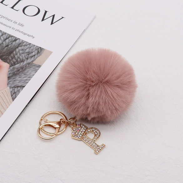 Plush Metal Letter Fur Ball Keychain For Women