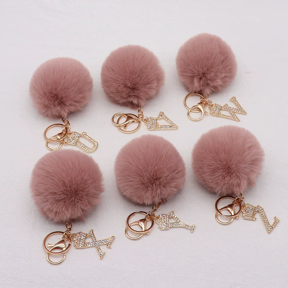 Plush Metal Letter Fur Ball Keychain For Women