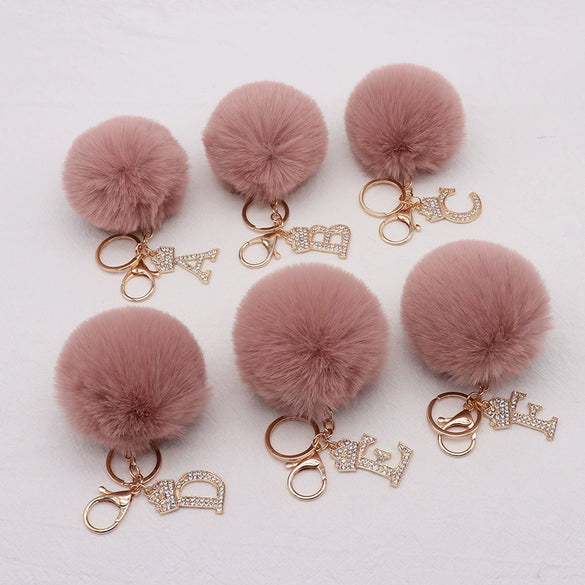 Plush Metal Letter Fur Ball Keychain For Women