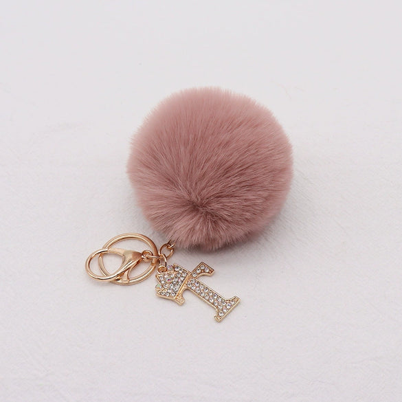 Plush Metal Letter Fur Ball Keychain For Women