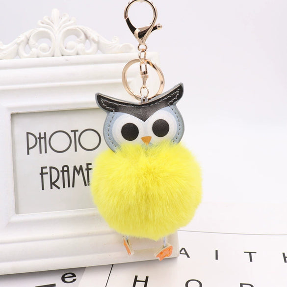 Plush Owl Fur Ball Keychain Pu Leather Cartoon Doll Pendant For Bag And Car Ornament