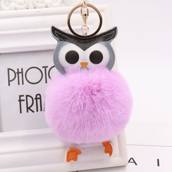 Plush Owl Fur Ball Keychain Pu Leather Cartoon Doll Pendant For Bag And Car Ornament