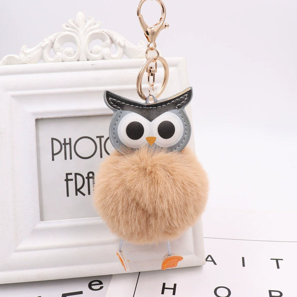 Plush Owl Fur Ball Keychain Pu Leather Cartoon Doll Pendant For Bag And Car Ornament