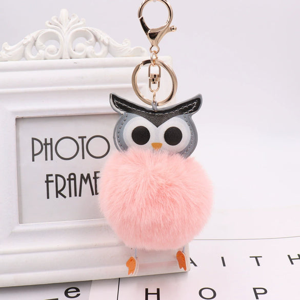 Plush Owl Fur Ball Keychain Pu Leather Cartoon Doll Pendant For Bag And Car Ornament