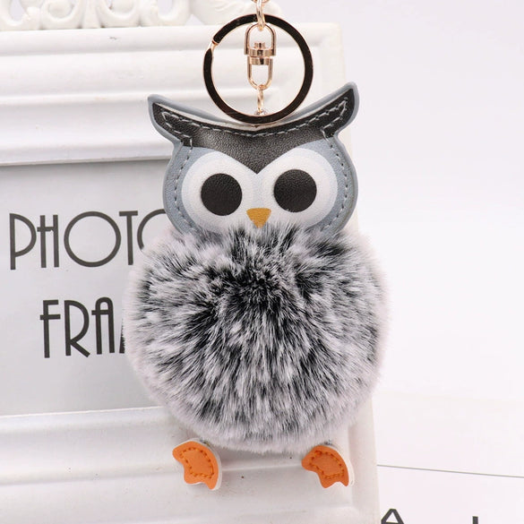 Plush Owl Fur Ball Keychain Pu Leather Cartoon Doll Pendant For Bag And Car Ornament