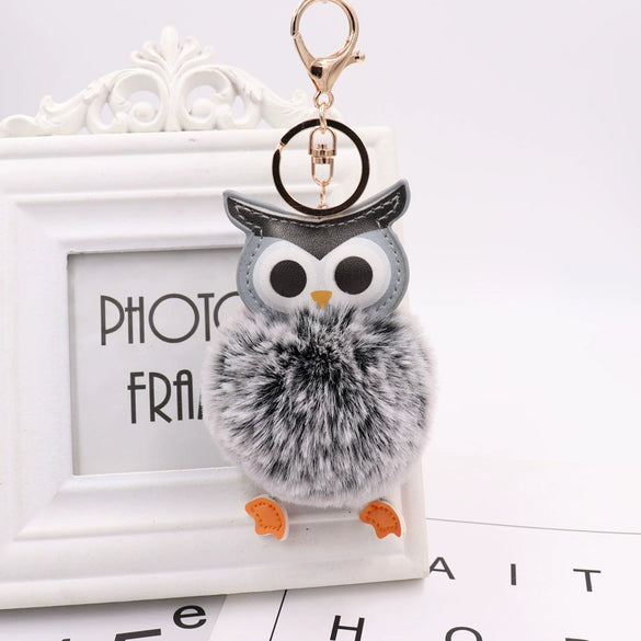 Plush Owl Fur Ball Keychain Pu Leather Cartoon Doll Pendant For Bag And Car Ornament